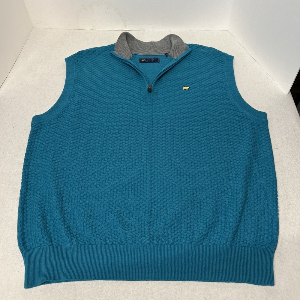 Jack Nicklaus Golf Sweater Vest‎ Mens M Teal 1/4 Zip Basket Weave Knit Preppy